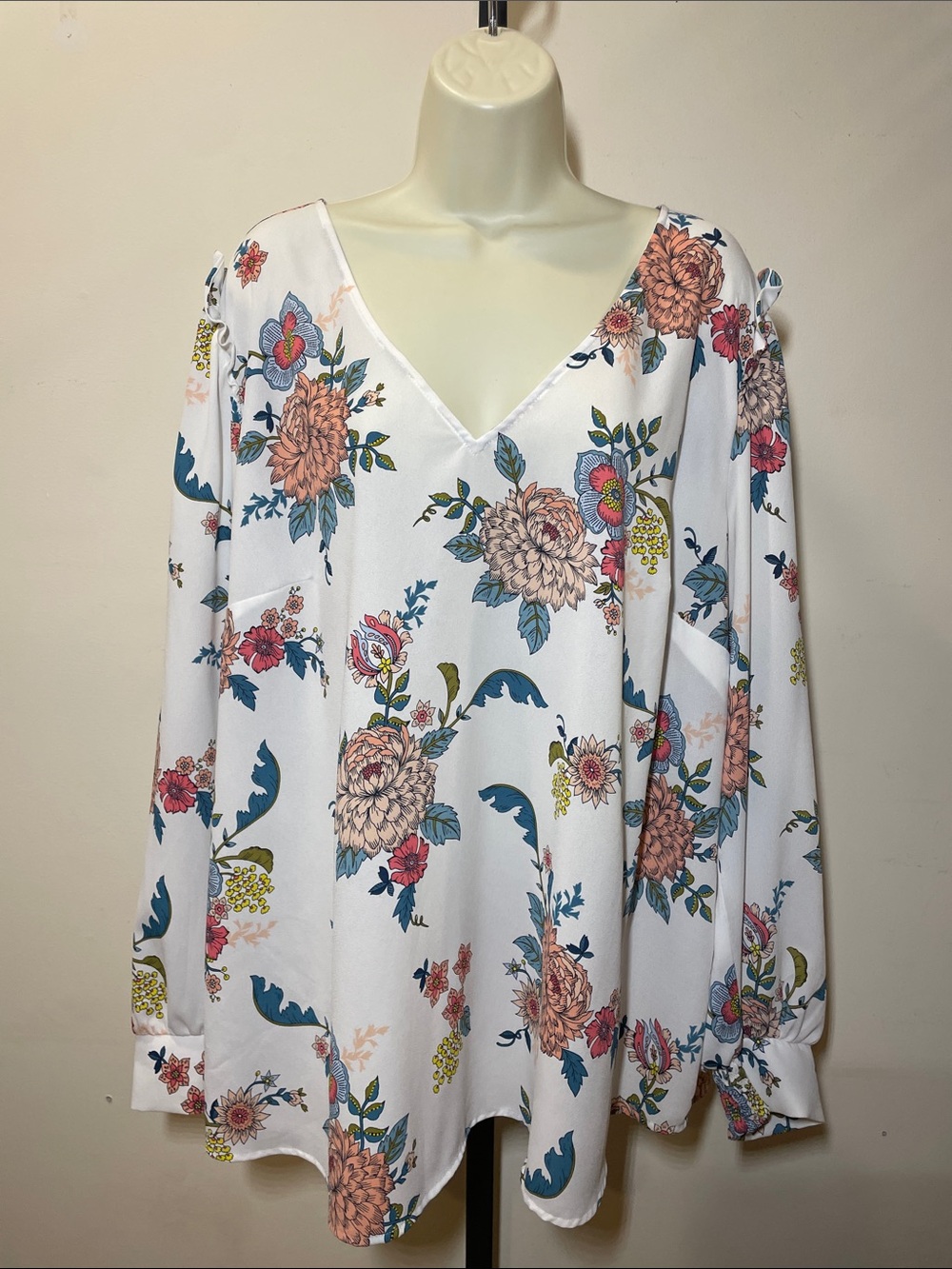 LOFT White Floral V-Neck Blouse with Coral and Teal Accents